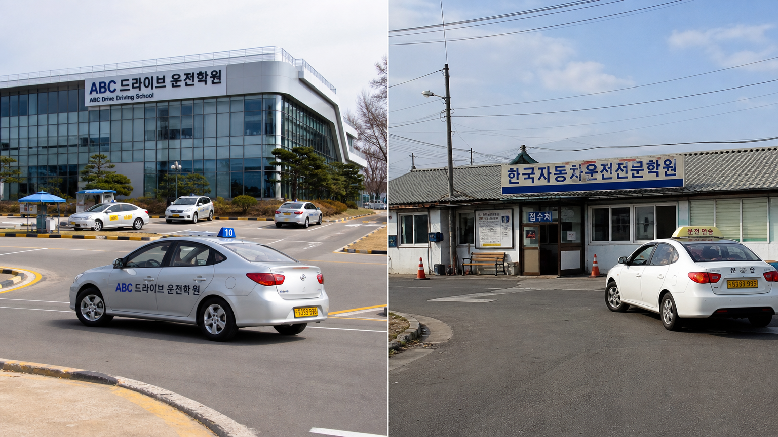 첨단 시설을 갖춘 현대식 학원과 전통적인 단순한 학원이 나란히 있는 모습