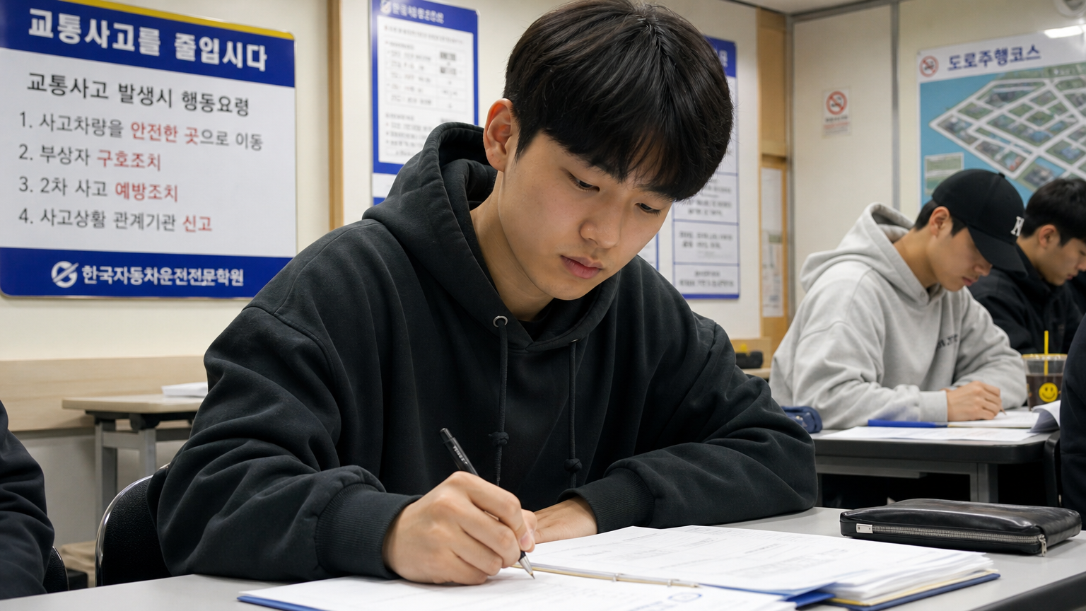 의무 교육 시간 중 강의를 듣고 있는 학생의 모습