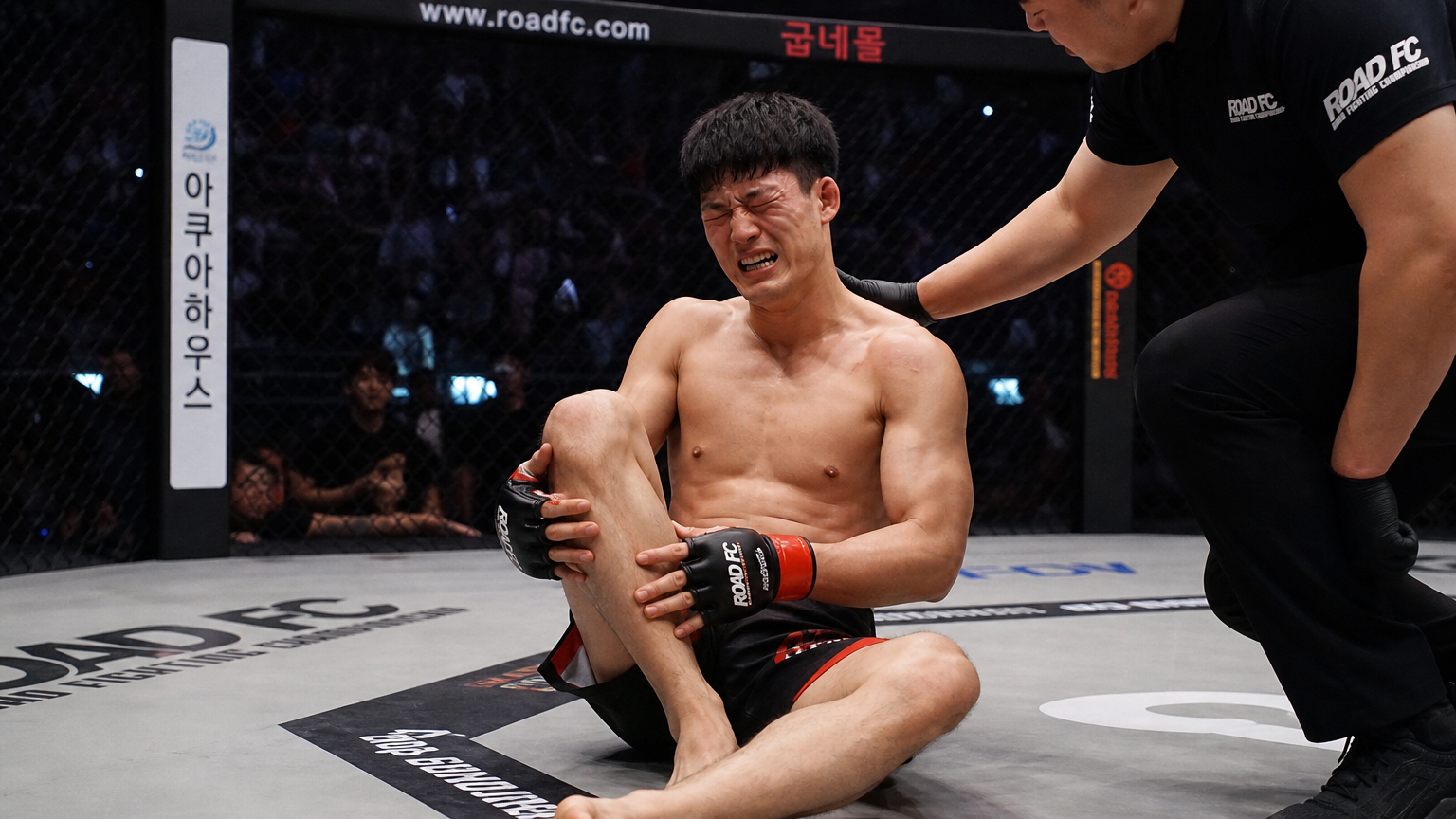 옥타곤 경기장에서 부상을 입은 파이터를 조명한 장면
