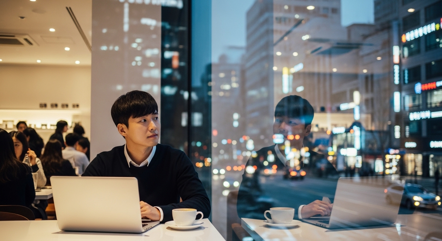 서울의 카페에서 노트북과 커피를 앞에 두고 삶을 성찰하는 젊은 남성의 모습