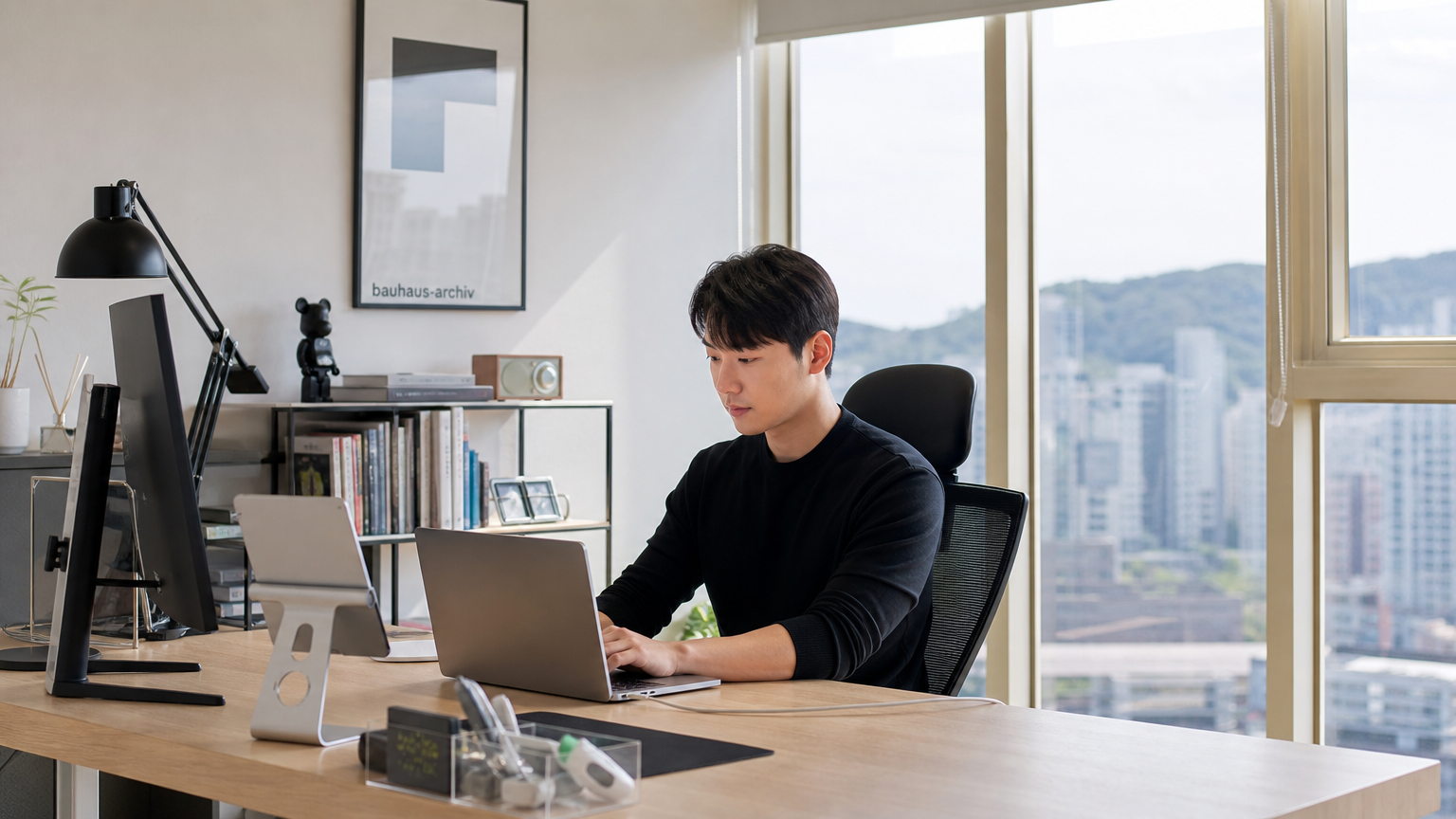 현대적인 기술로 꾸며진 한국의 가정 사무실에서 원격으로 일하는 젊은 직장인의 모습
