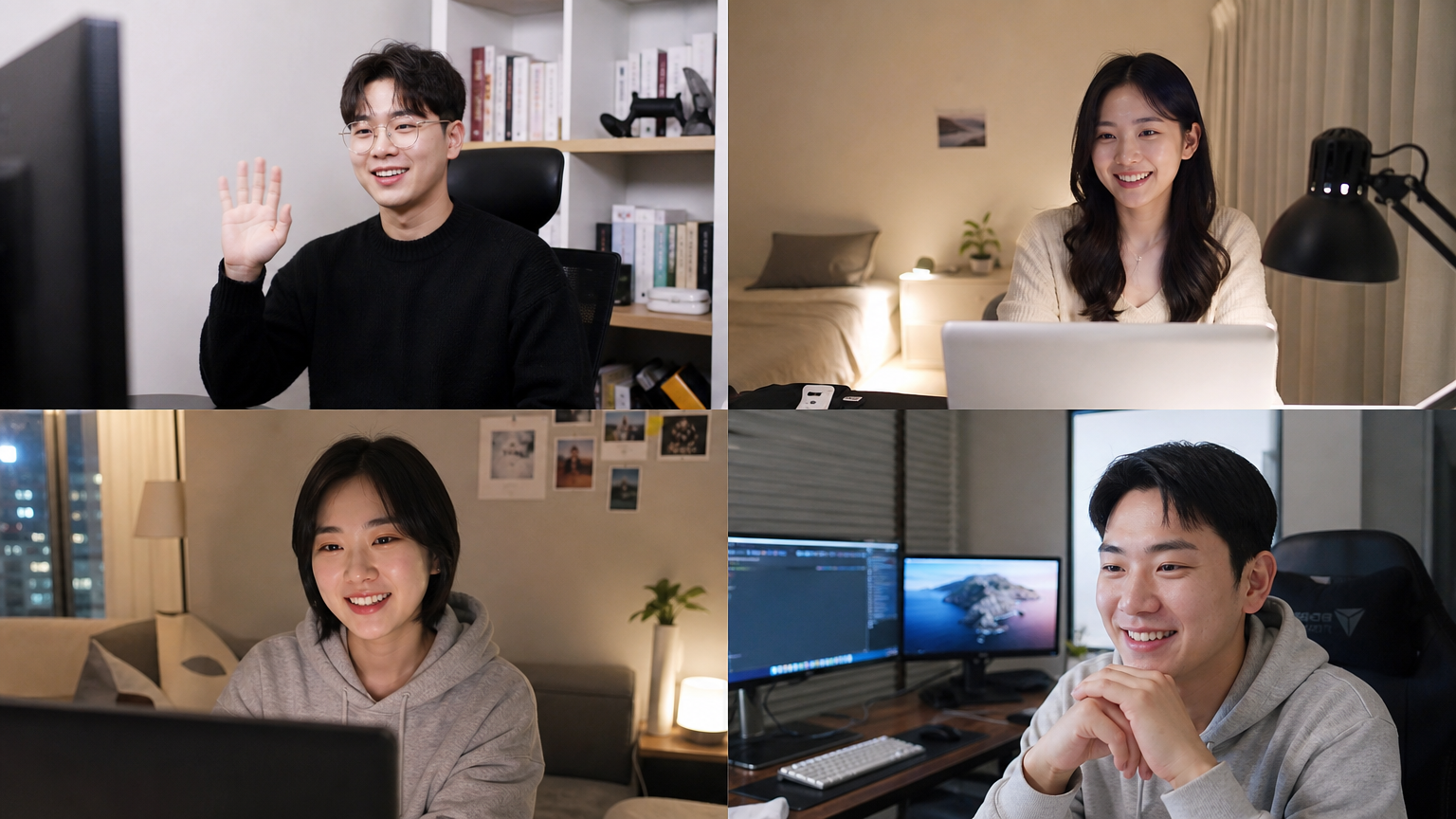 화상 회의를 진행하며 다양한 스크린 설정을 활용하는 젊은 전문가들