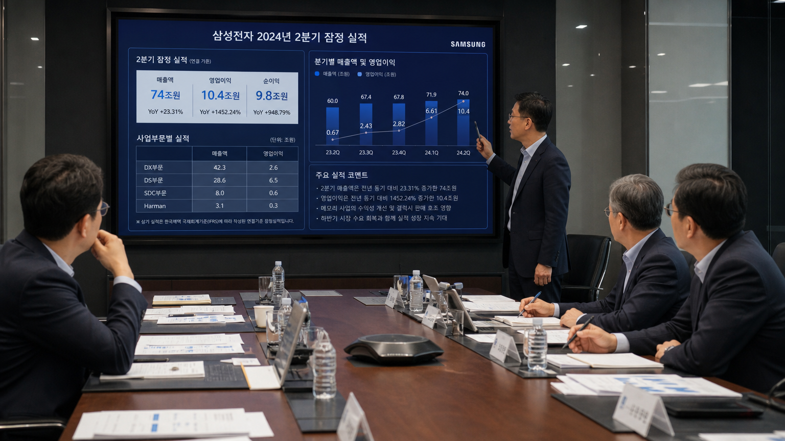 대형 프레젠테이션 화면에서 삼성의 분기 실적을 검토하는 한국인 경영진 회의