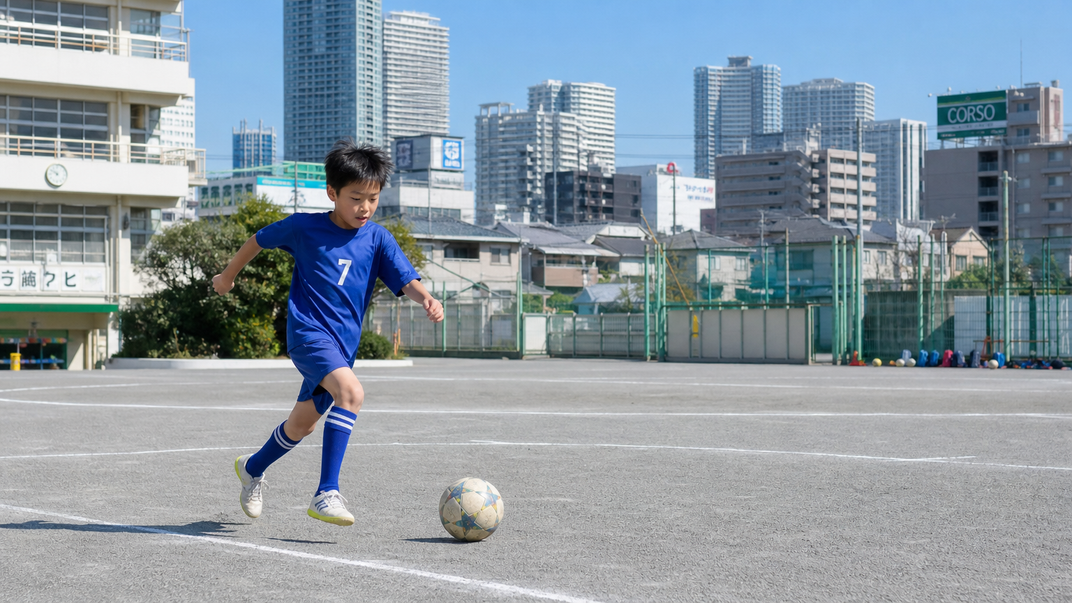 사이타마시 학교 운동장에서 축구를 하는 소년과 도시 풍경