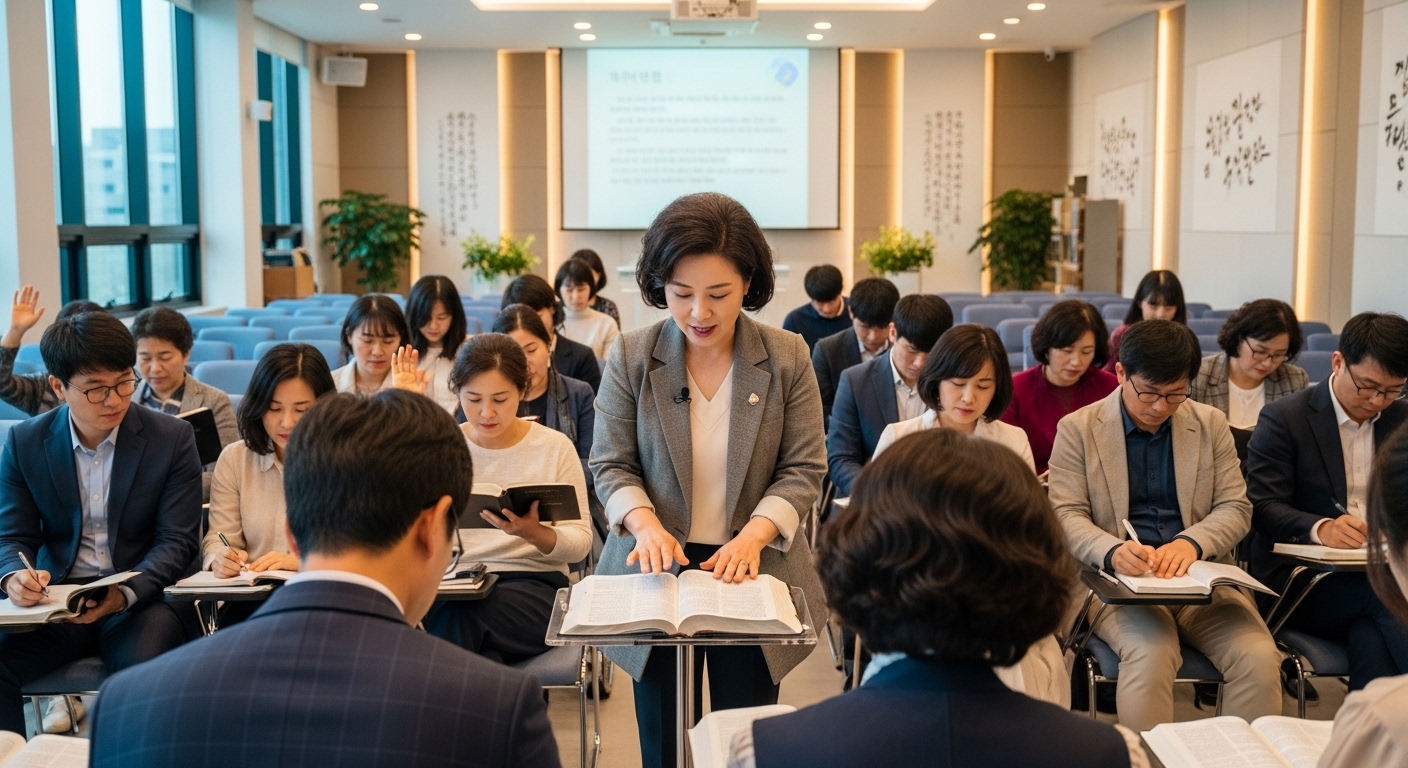 교회 홀에서 성경을 함께 공부하는 다양한 한국 신자들, 영적 지도자로 여겨지는 여성 인물 강조