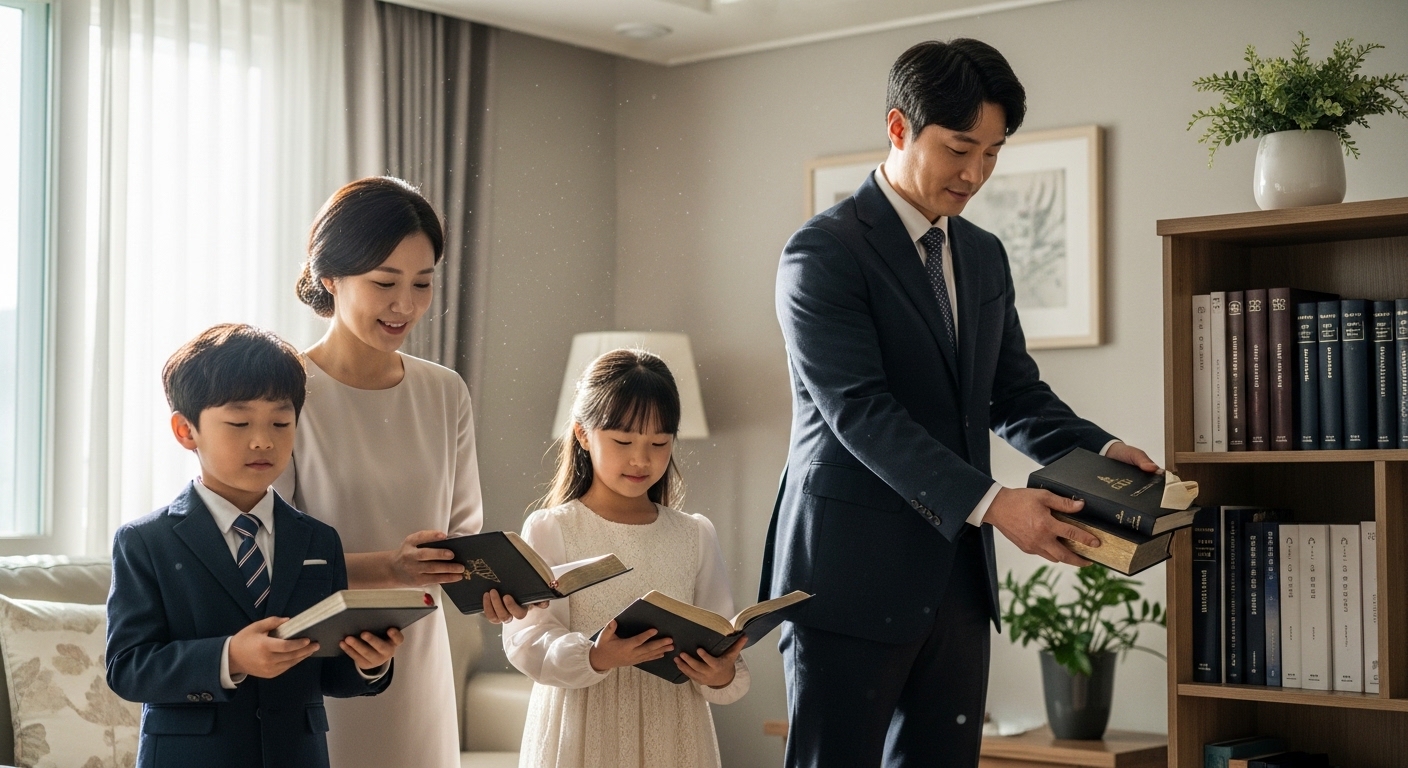 토요일 아침 안식일 예배 참석을 준비하는 한국 가족의 모습