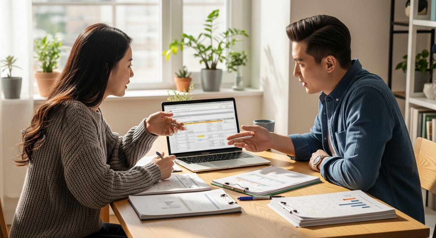 한국의 부부가 집에서 서류와 노트북을 보며 협력형 육아 휴직 계획을 논의하는 모습