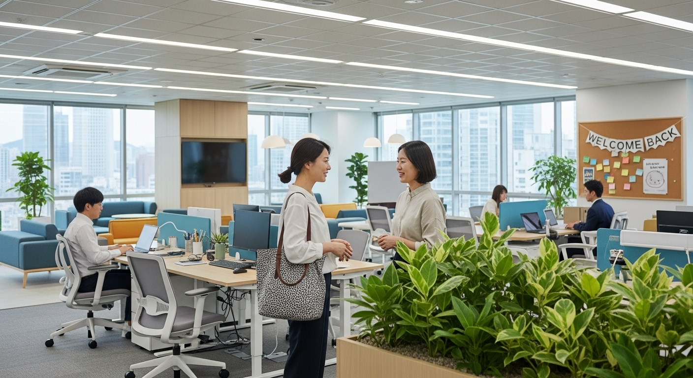 현대적인 한국 사무실에서 유연근무 환경과 휴가 후 복귀한 직원의 모습