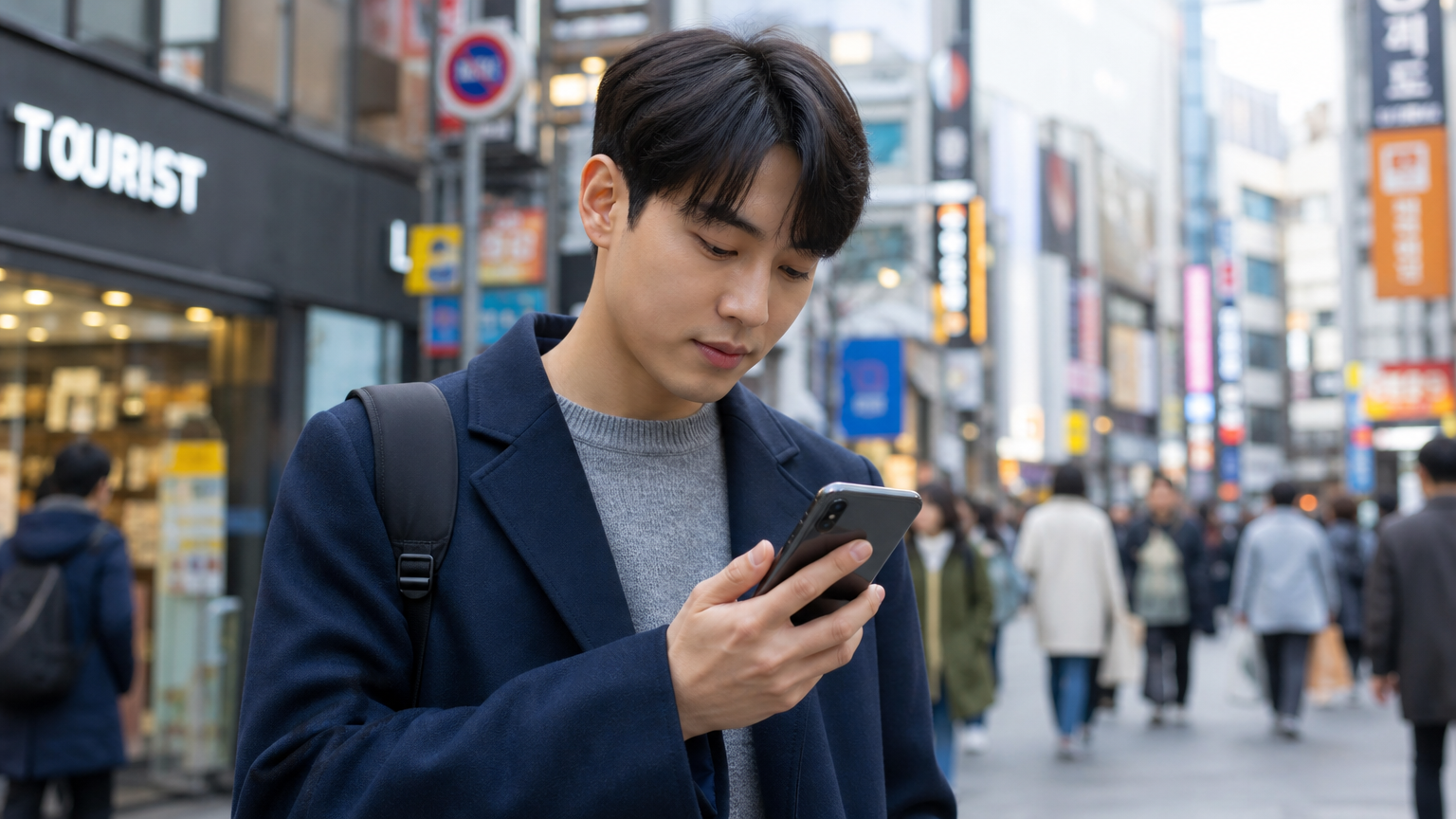 분주한 도시 거리에서 스마트폰을 사용하며 텍스트를 입력하는 모습