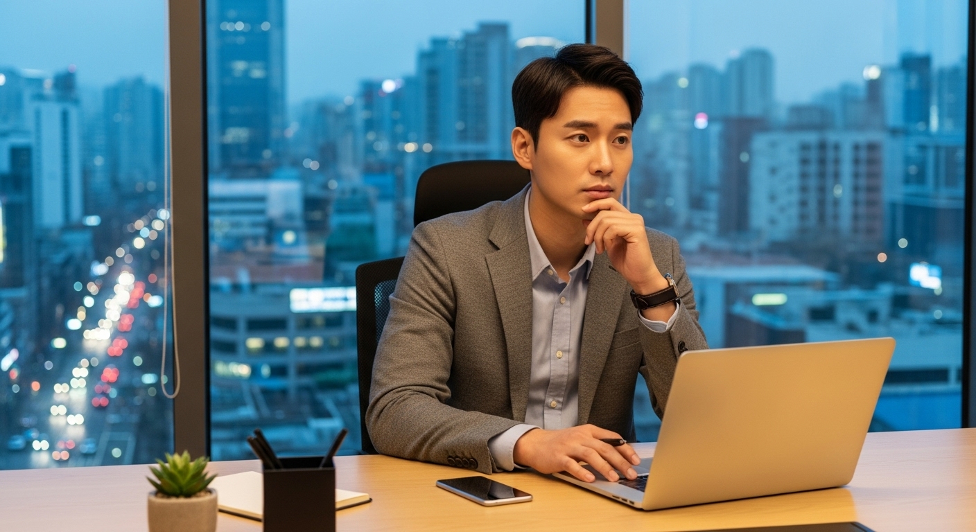 도시 풍경이 보이는 창가에 앉아 선택을 고민하는 현대 사무실의 모습