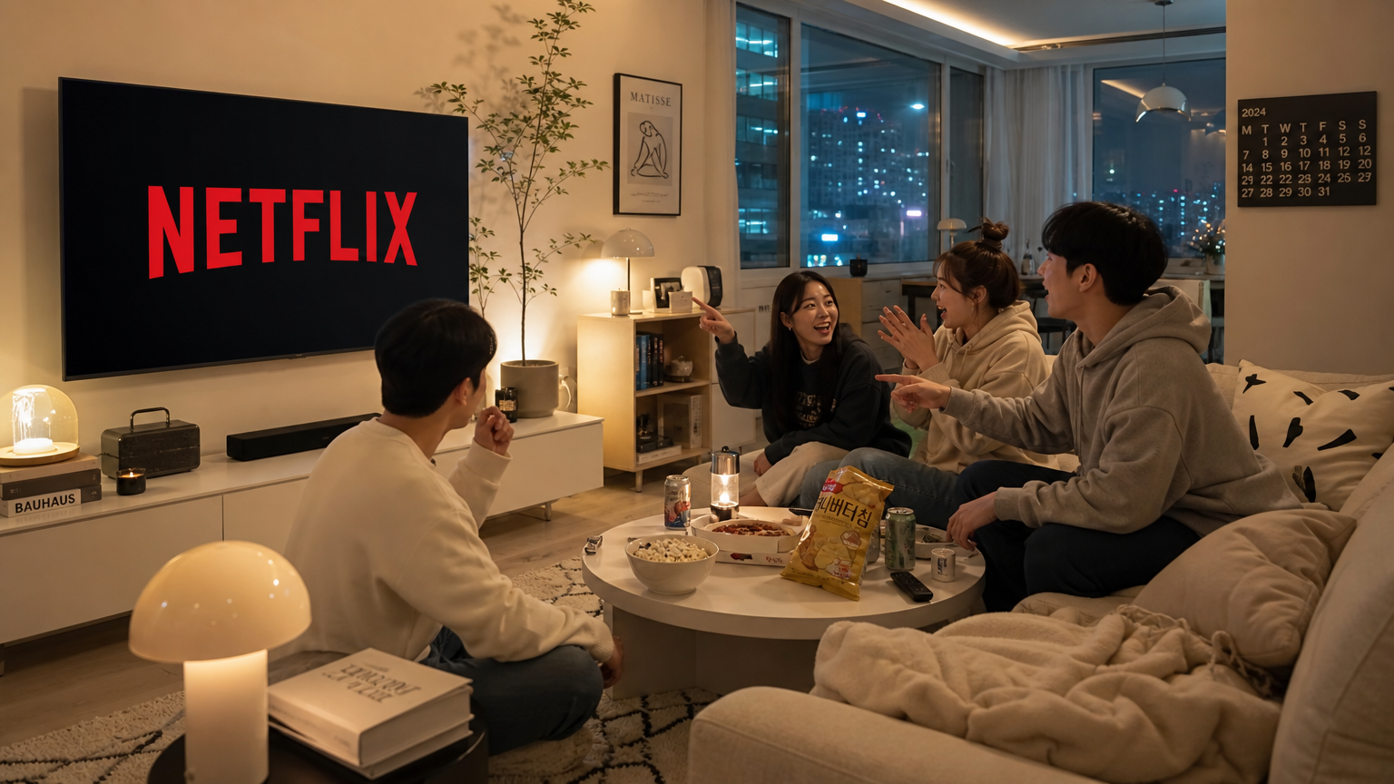 현대적인 거실에서 넷플릭스 로고가 보이는 TV와 드라마에 대해 이야기하는 사람들