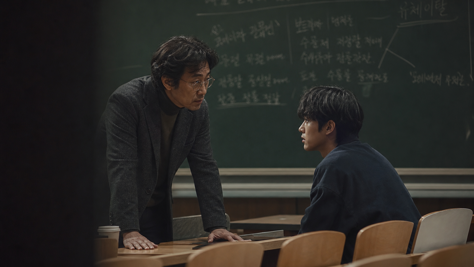 강의실에서 교수와 학생이 진지하게 대화하는 모습