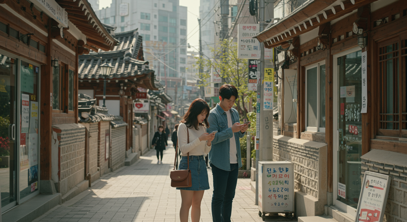 도시의 작은 가게 앞에서 스마트폰을 확인하는 젊은 커플의 현대적인 장면