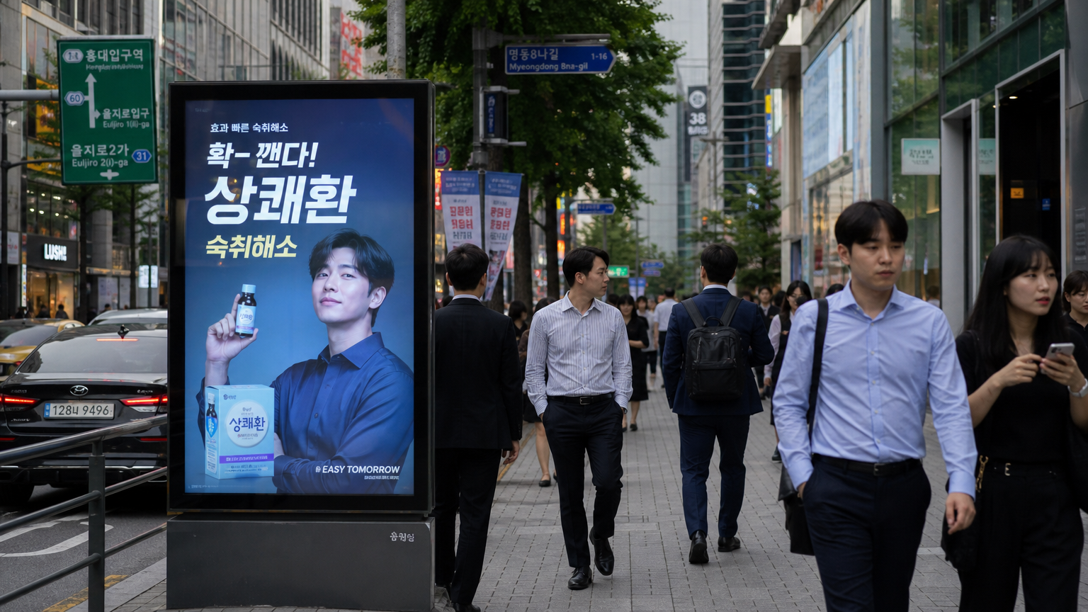 서울 거리에서 숙취해소제 광고를 보는 젊은 직장인들