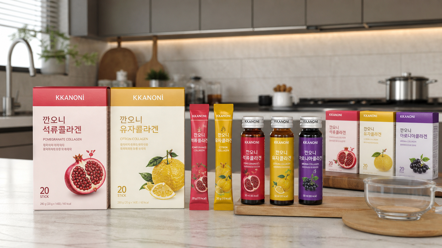 현대적인 주방에서 다양한 형태의 깨노니 제품들이 전시된 모습