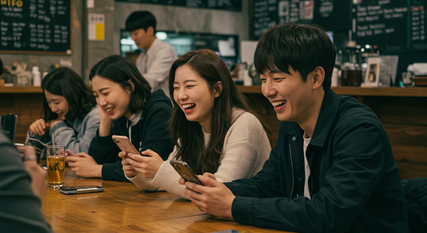 카페에서 스마트폰을 보며 웃고 있는 젊은이들 모습, '영 포티'를 비꼬는 온라인 트렌드 반영