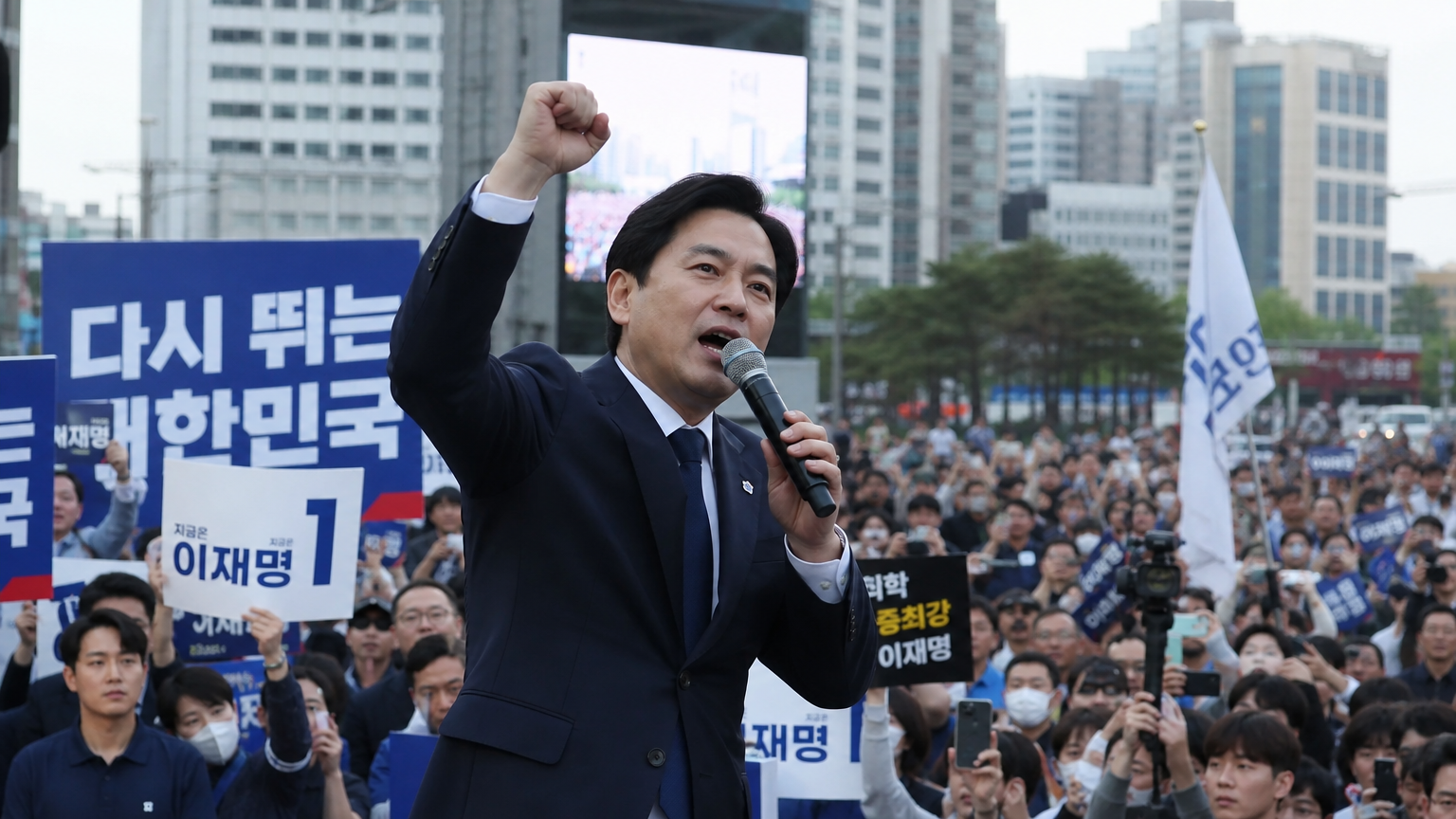 현대적인 한국 정치인이 지지자들 앞에서 연설하는 모습