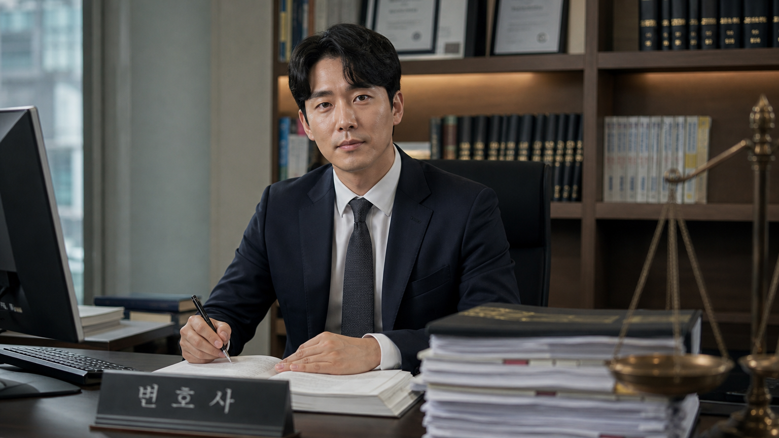 현대적인 법률 사무소에서 서류를 검토하는 한국 남성 변호사의 모습