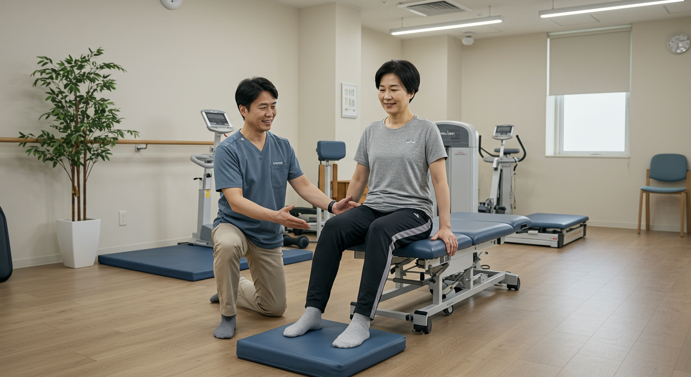 현대 재활센터에서 물리치료사와 함께 개인 맞춤형 무릎 통증 치료를 받는 환자