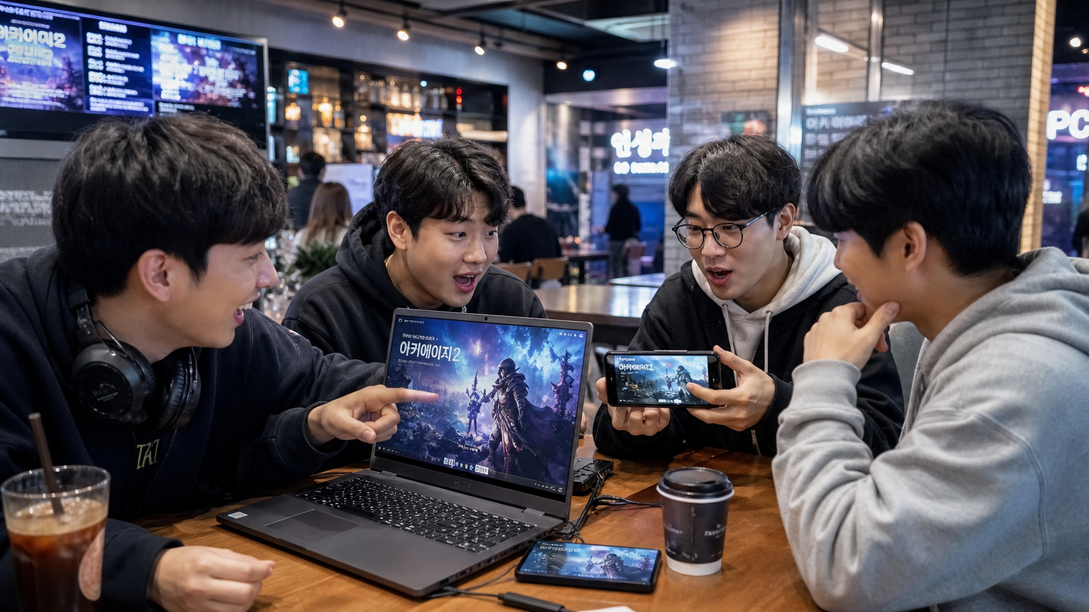 현대적인 서울 카페에서 새 게임에 대해 열띤 토론을 나누는 게이머들