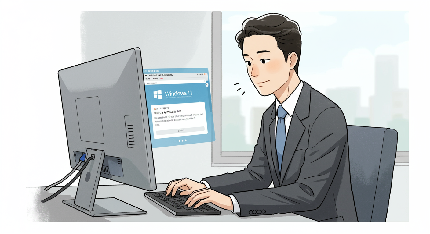 한국의 사무실에서 Windows 11 업그레이드 준비 중인 직장인의 모습