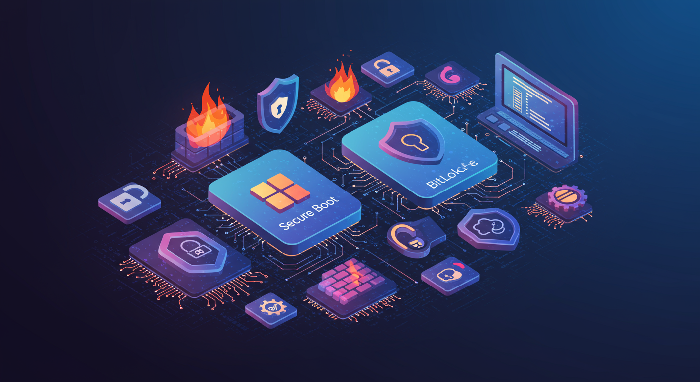 Secure Boot 및 BitLocker 아이콘과 가상 보안 요소들의 이미지