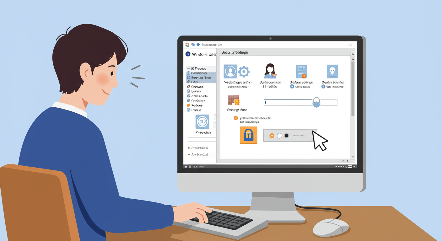 한국인이 컴퓨터 화면에서 Windows 보안 설정을 탐색하는 장면