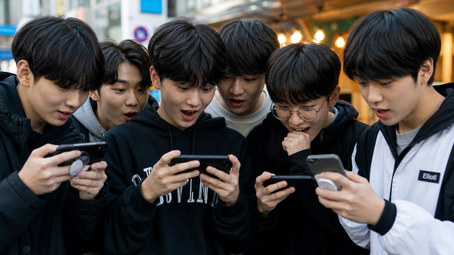 스마트폰으로 환생천마 에피소드를 시청하며 집중하고 있는 젊은 팬들