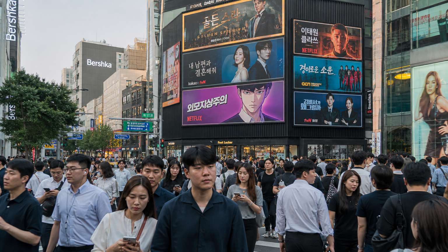 서울 거리에서 다양한 K-웹툰 광고가 걸린 빌보드와 그 아래로 지나가는 다양한 사람들