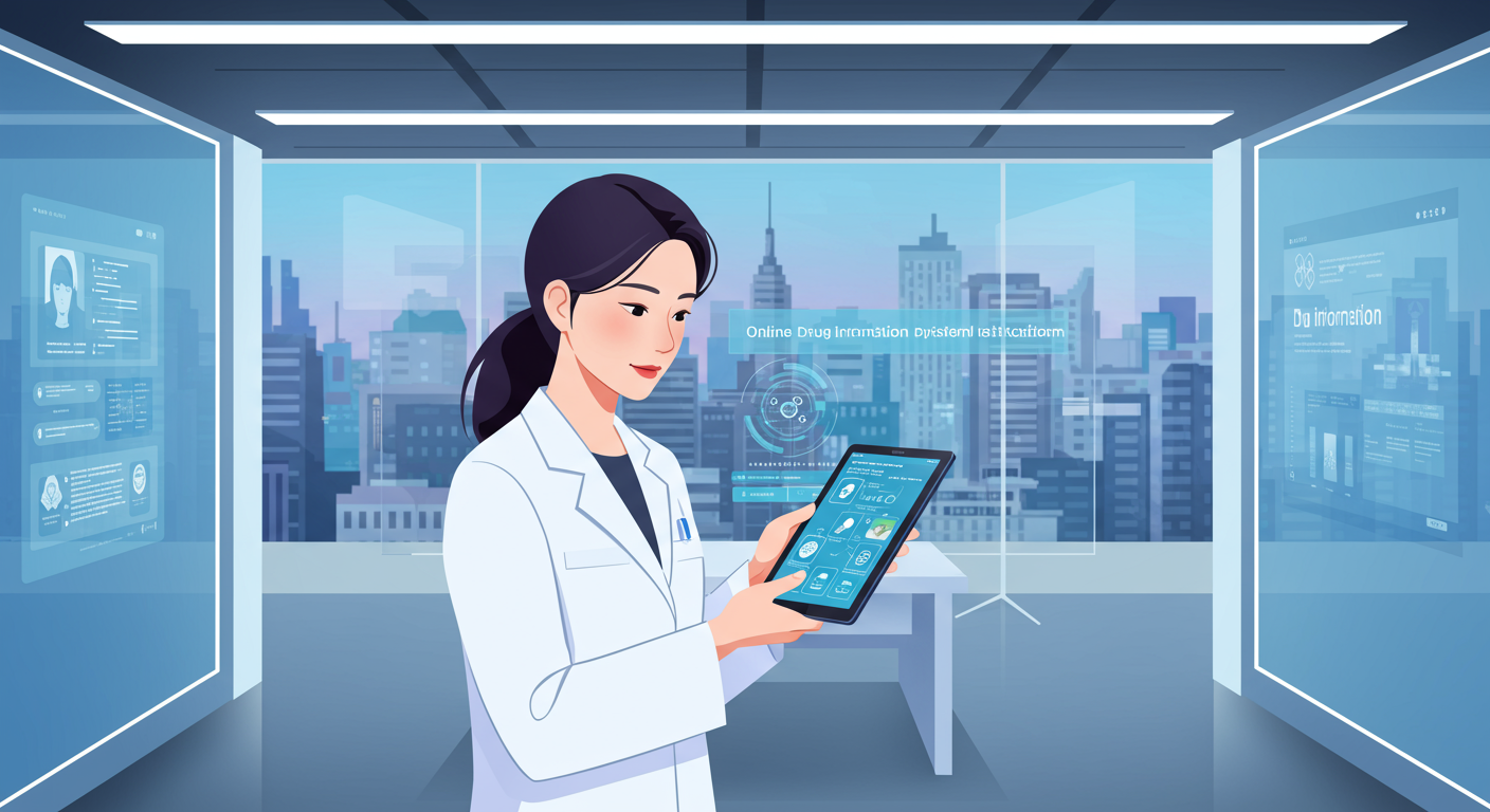 현대적 디지털 사무실에서 태블릿을 사용하여 온라인 의약품 정보를 조회하는 모습