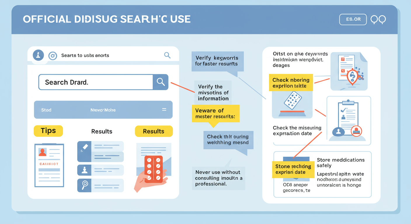 공식 약물 검색 사이트 효율적 사용 팁과 주의를 강조한 일러스트