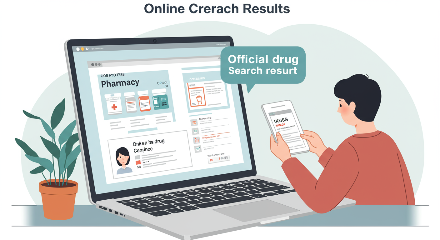 노트북으로 공식 약물 결과와 온라인 약국 제품 목록 교차 참조하는 소비자 모습
