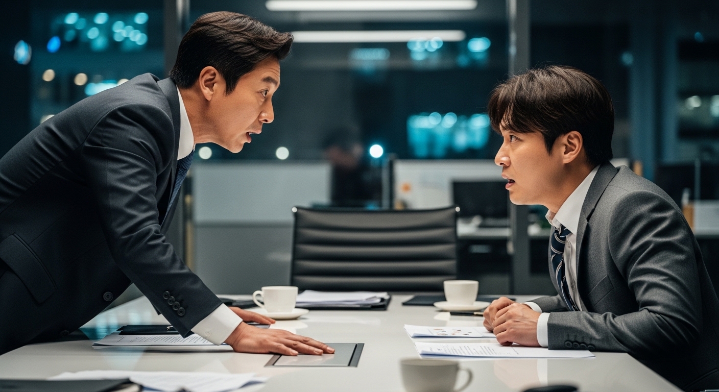 사무실에서 두 한국 남성 간 긴장감 넘치는 대치 장면