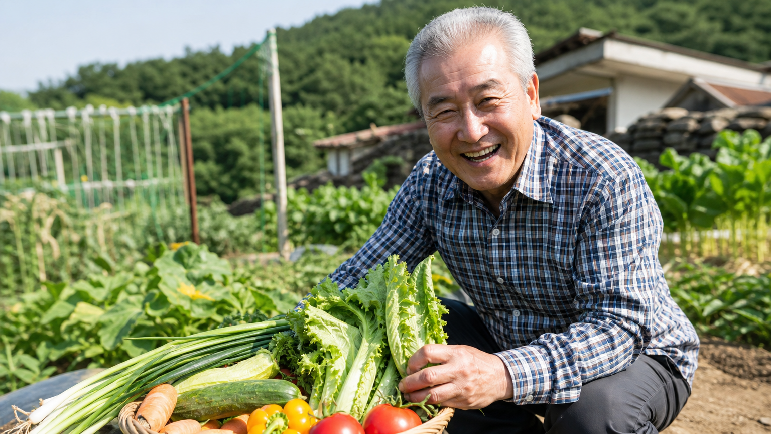 밝은 햇살 아래 텃밭에서 활기찬 표정의 노인이 있는 모습