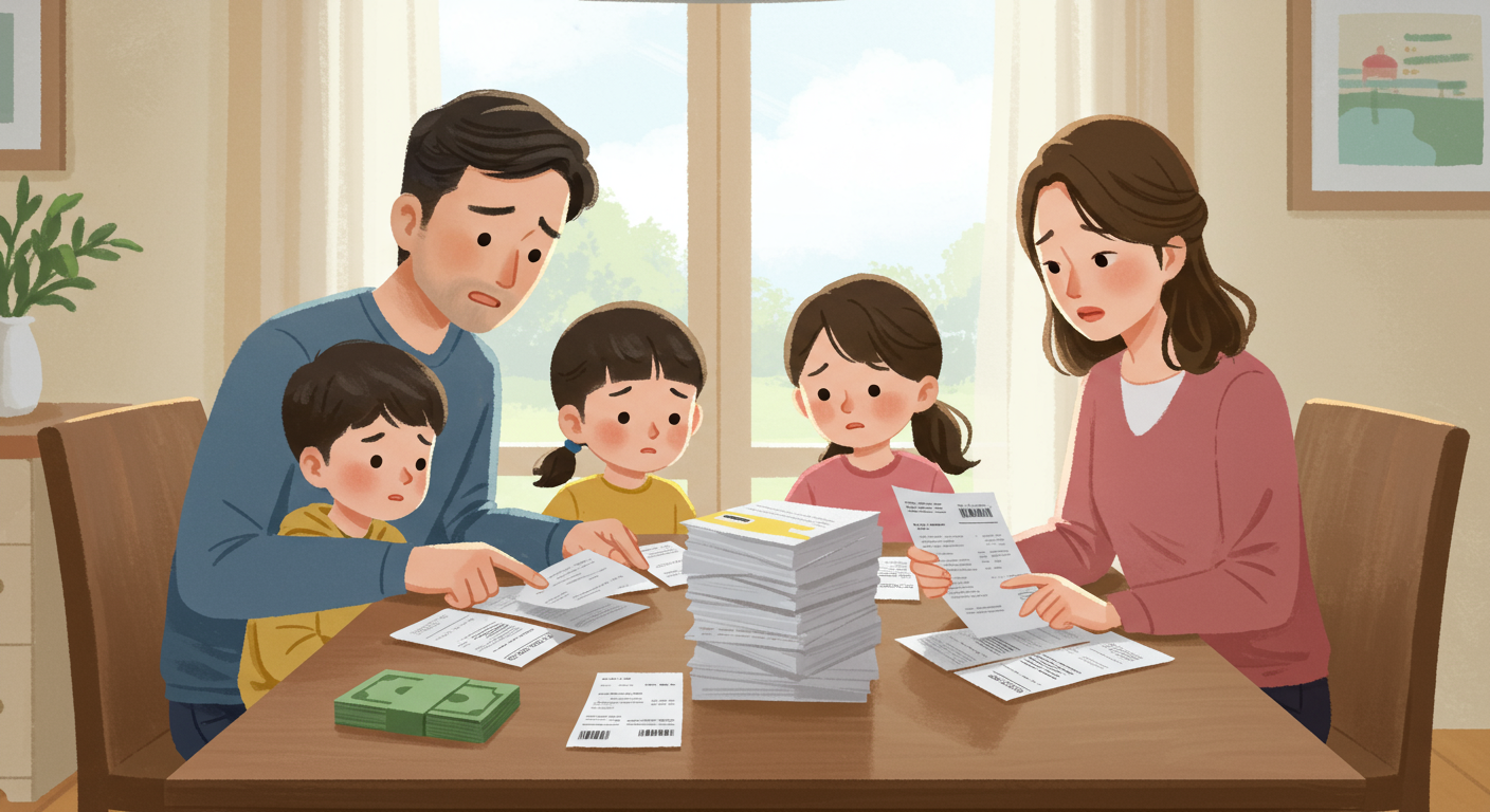 의료비 청구서를 검토하는 가족의 걱정과 환급 가능성 발견에 안도하는 모습