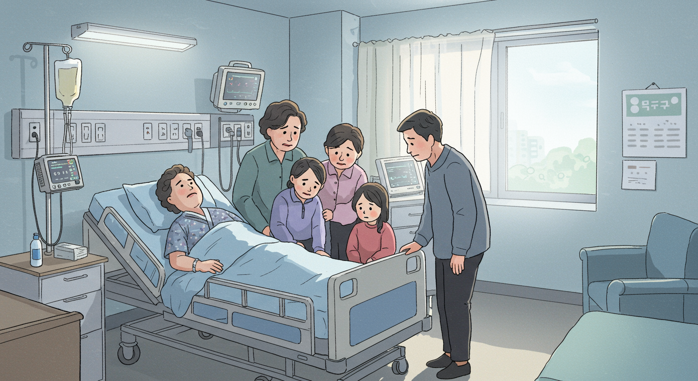 요양병원에서 장기 입원을 고려하며 가족과 논의하는 환자