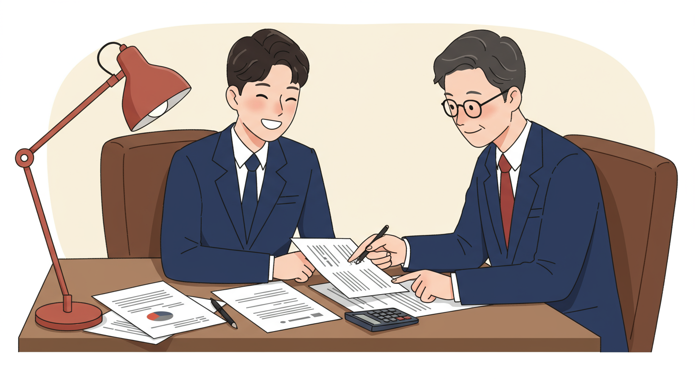 편안한 사무실에서 재정 상담사에게 조언을 받는 젊은 졸업생의 모습