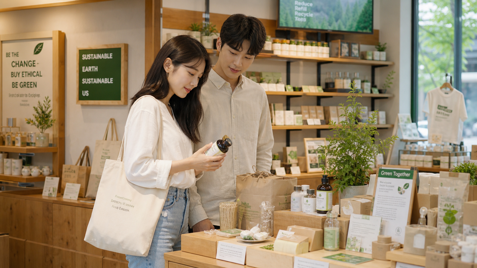 윤리적 실천에 중점을 둔 부티크에서 친환경 포장 제품을 선택하는 젊은 소비자들