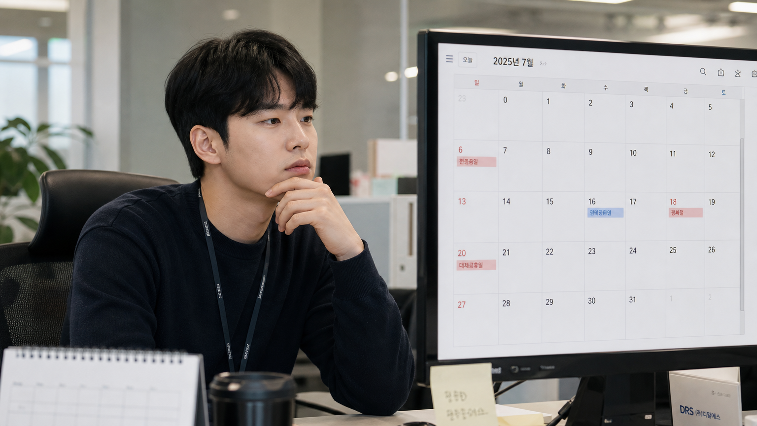 현대적인 사무실에서 미래의 공휴일을 생각하며 컴퓨터 화면의 달력을 보는 직장인의 모습
