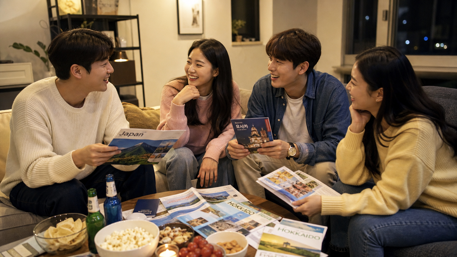 거실에서 여행 계획을 열정적으로 이야기하는 젊은 성인들의 모습