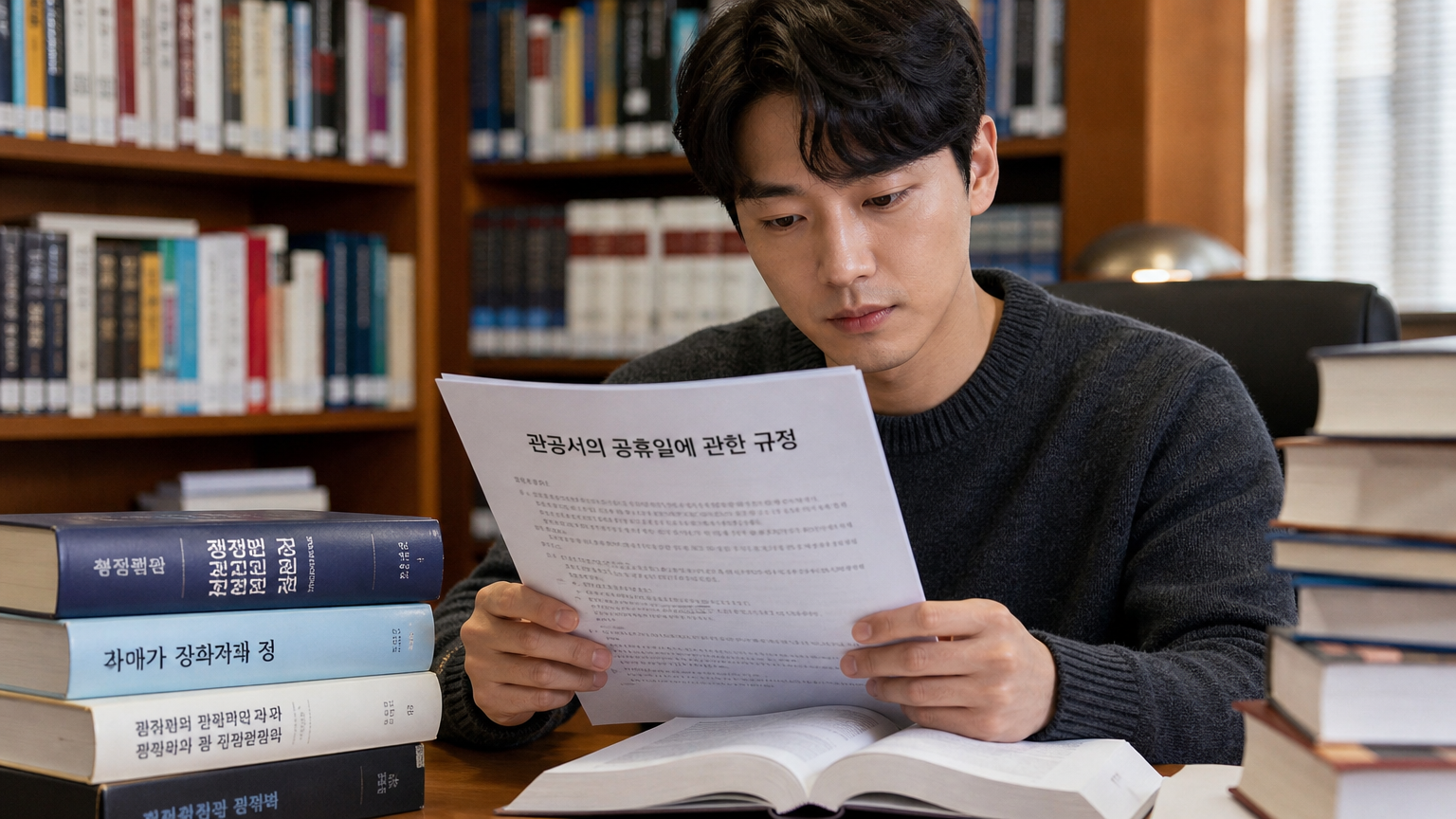 도서관에서 공휴일 관련 문서를 읽고 있는 현대 한국 남성의 모습