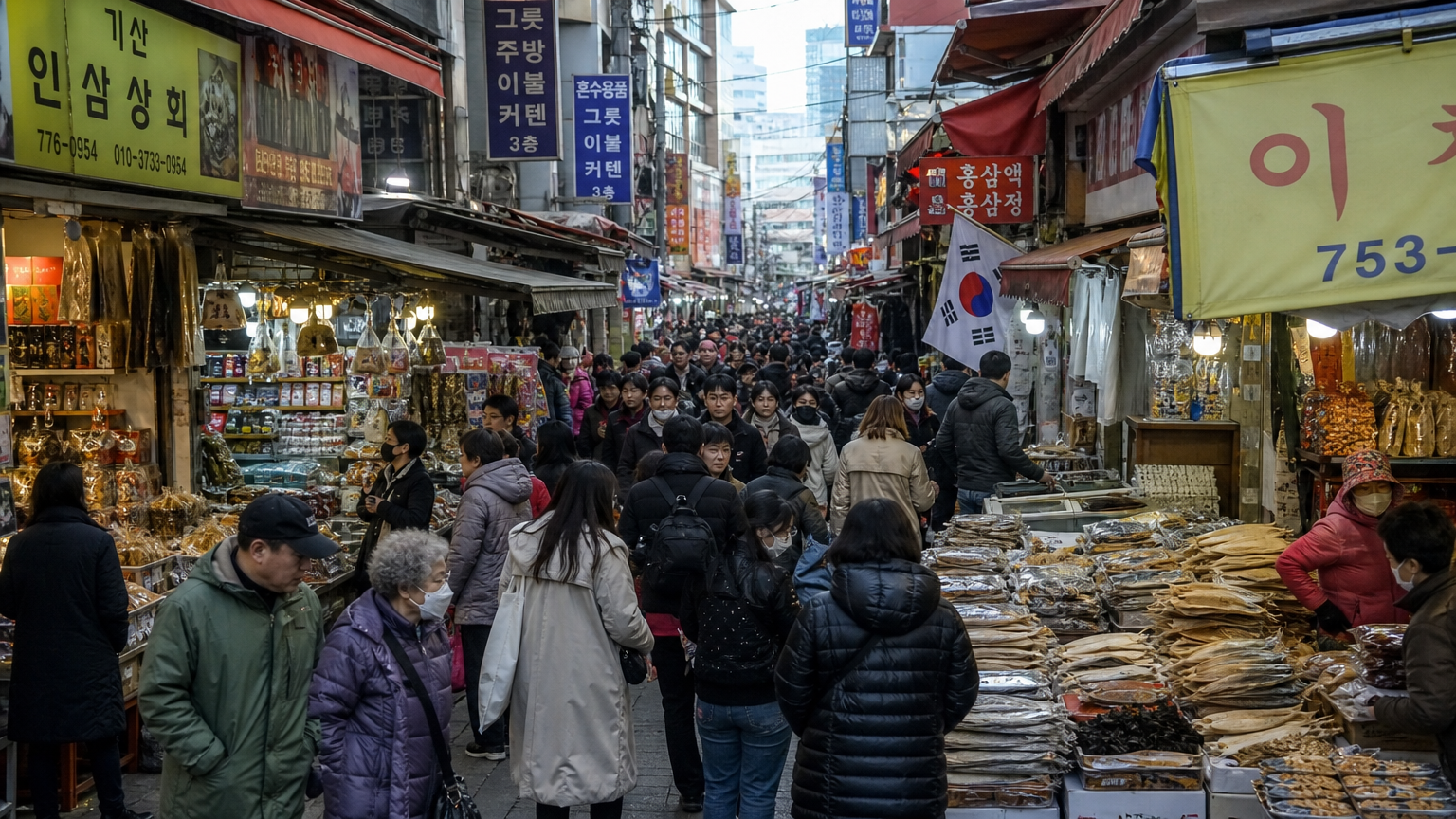서울 거리 시장에서 활발하게 물건을 사고파는 사람들로 붐비는 장면