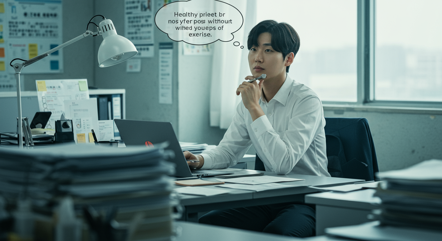 책상에서 서류와 노트북에 둘러싸여 앉아 있는 바쁜 직장인이 운동 없는 다이어트를 고민하는 모습.