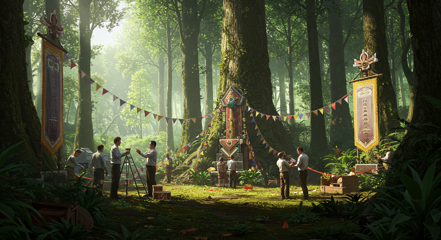 수락휴의 개장을 준비하는 관계자들이 숲속 환경에서 장식과 배너를 설치하는 모습