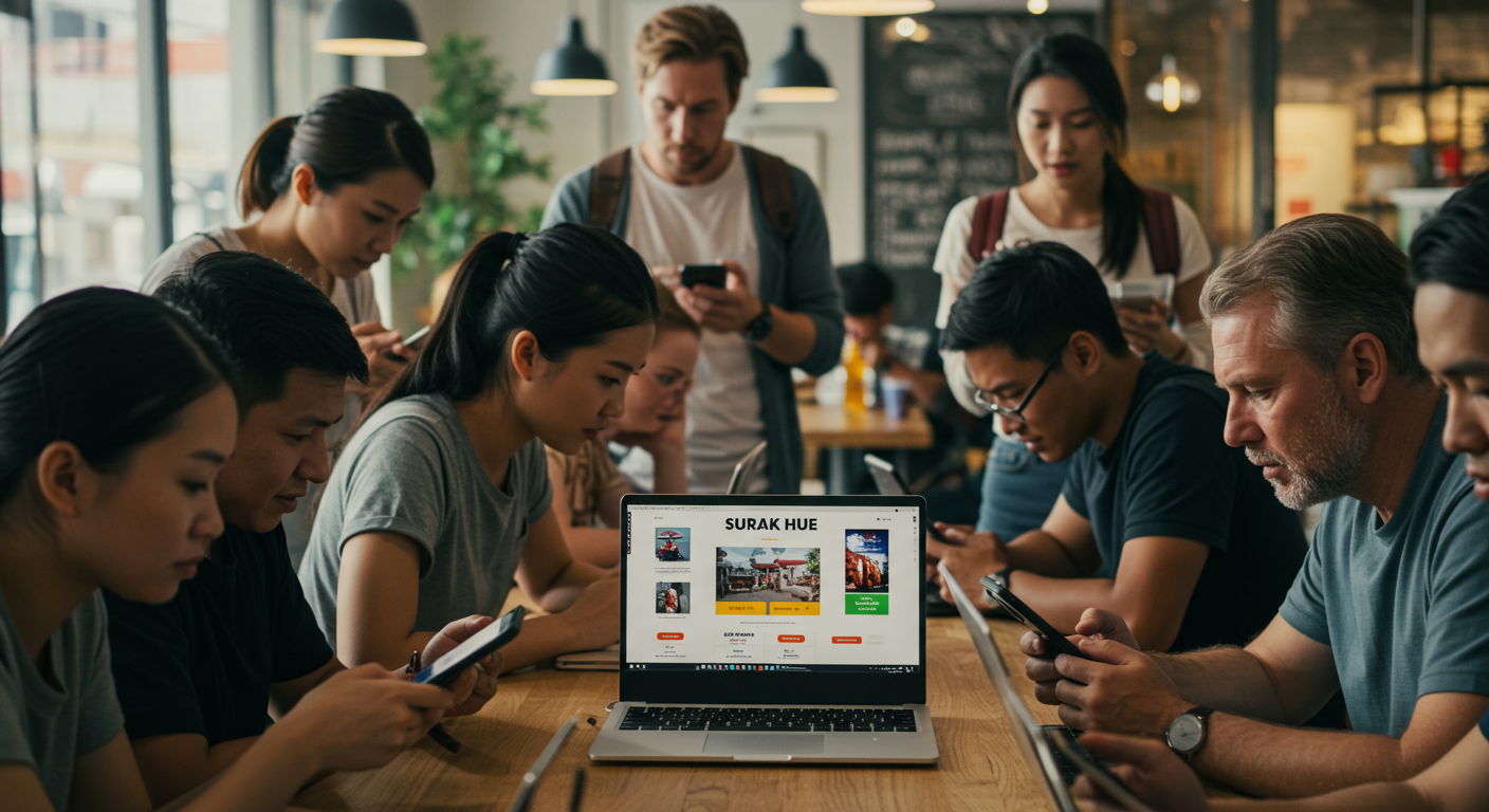 온라인 플랫폼을 통해 수락휴 예약을 시도하는 사람들이 스마트폰과 노트북에 집중하는 모습