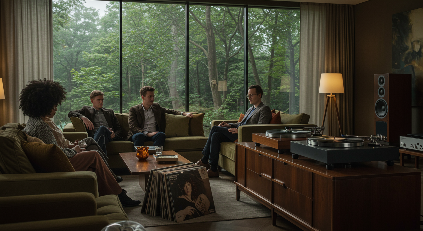 LP 턴테이블이 있는 객실에서 손님들이 음악을 즐기며 휴식을 취하는 모습