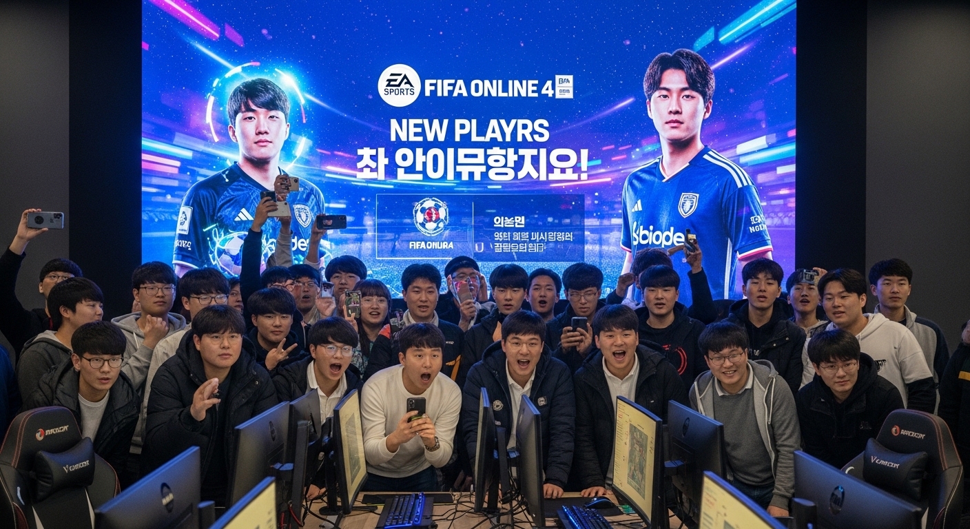 새로운 피파온라인4 선수 발표를 보고 있는 게이머들