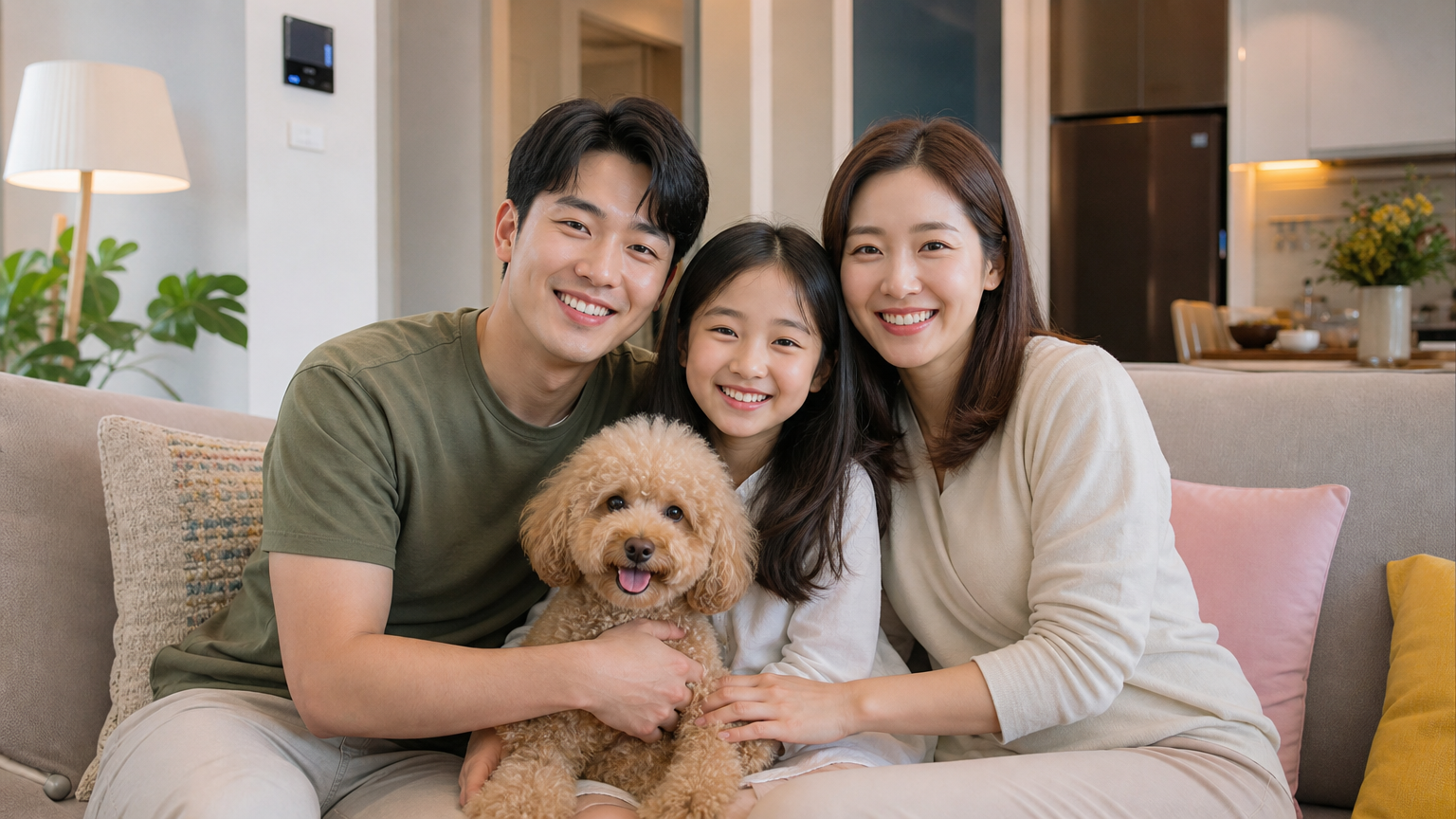 현대 아파트 거실에서 가족과 반려견이 함께 있는 모습