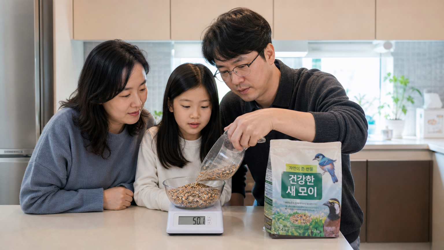 부엌 저울을 사용해 새 먹이를 정량 측정하는 모습