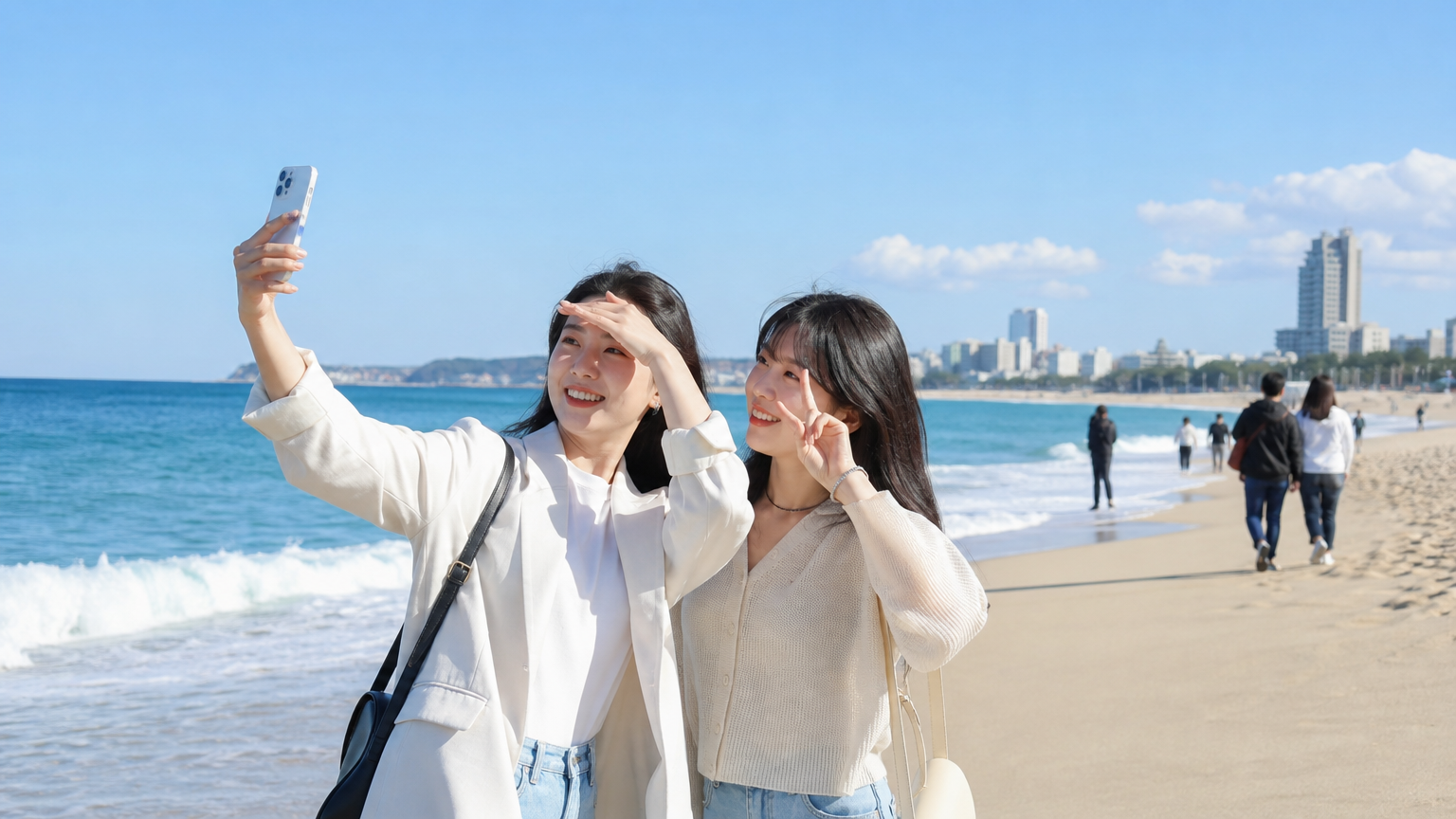 강릉 해변에서 가벼운 옷차림으로 휴식을 취하는 관광객들